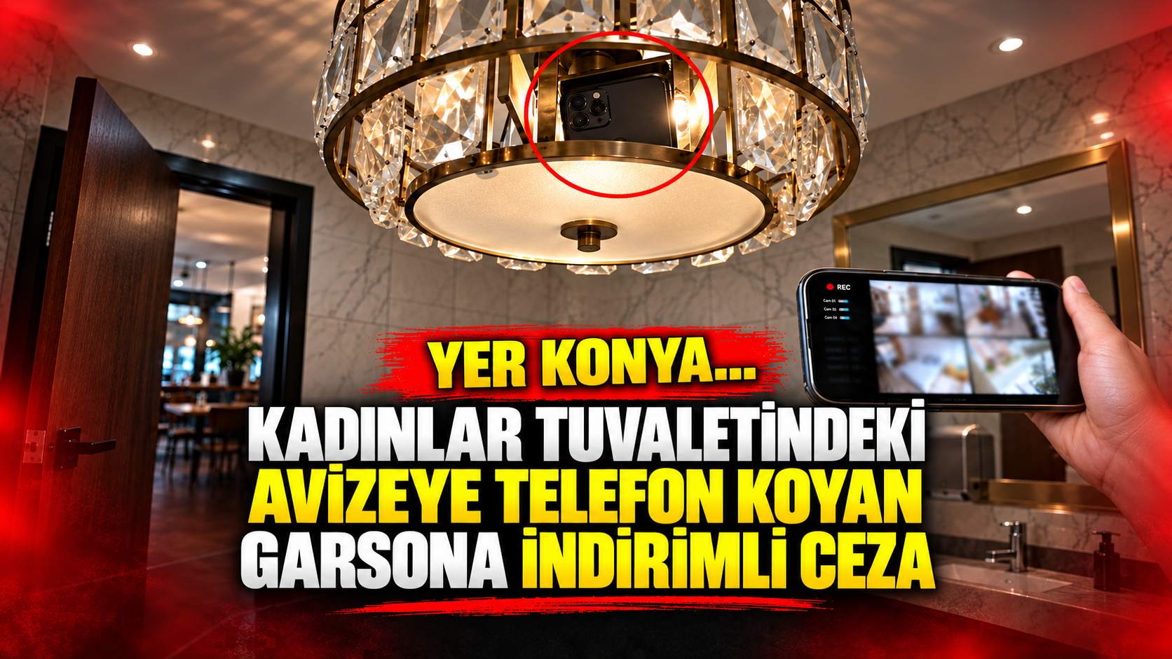 Yer Konya...  Kadınlar tuvaletindeki avizeye telefon koyan garsona indirimli ceza
